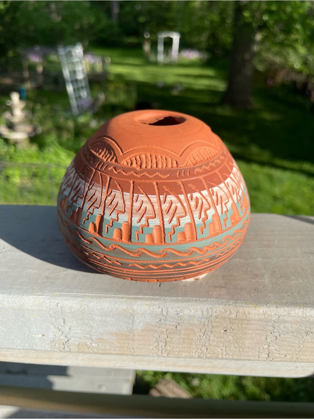 Navajo Etched Southwestern Pottery Seed Storage Pot Signed by Safarina Benally